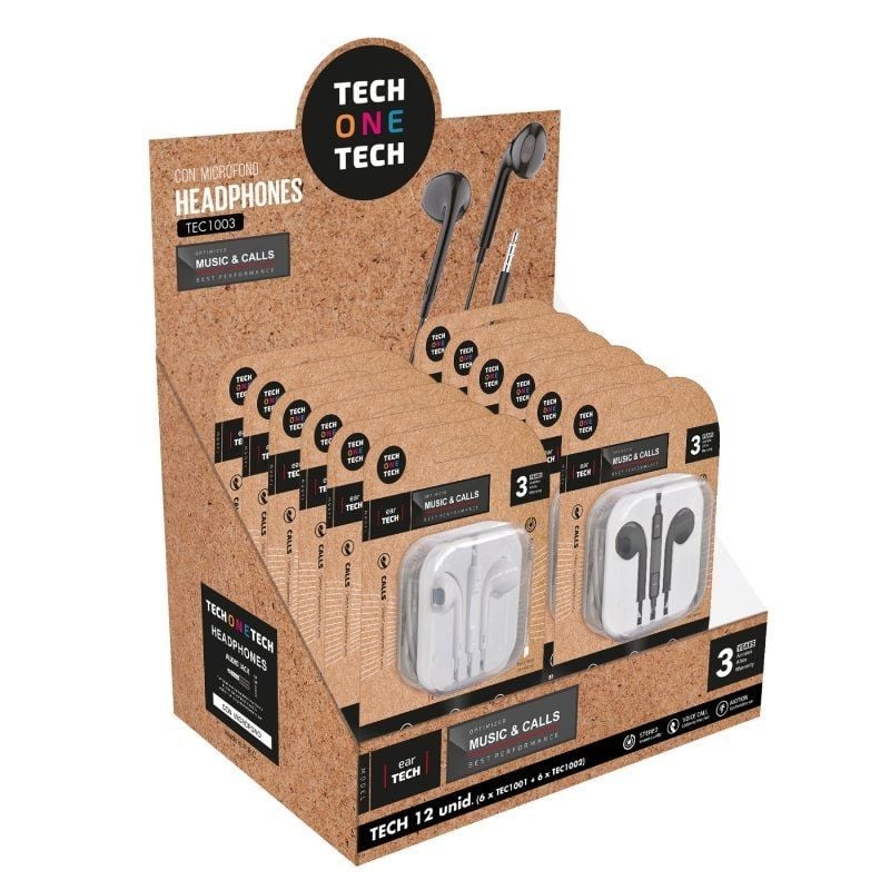 Expositor de Auriculares Tech One Tech EarTECH TEC1003 / con Micrófono/ Jack 3.5/ Incluye 6 Auriculares Blancos y 6 Auriculares Negros 8436546593140 TEC1003